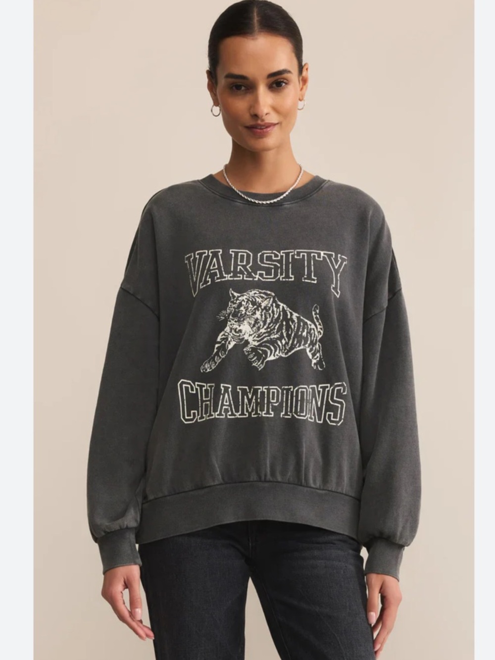 Z Supply Gray Cotton Varsity Sunday Sweatshirt, M